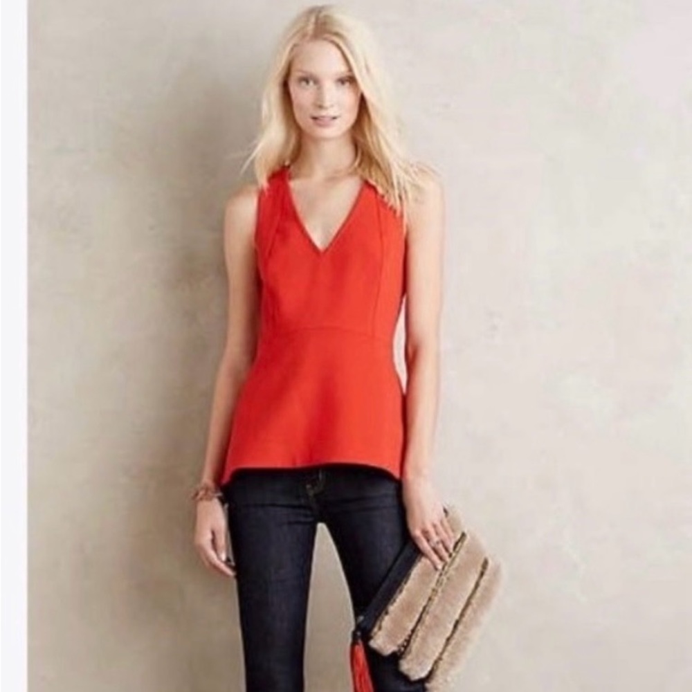 Anthropologie Leifsdottir red v neck peplum top. Size 4